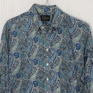 Liles Clothing Studio custom made blue & green paisley cuff‎ link shirt.  EUC